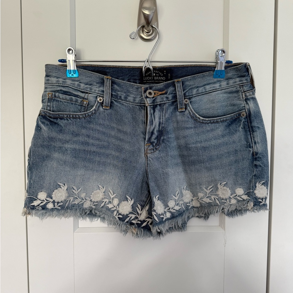 Lucky Brand Blue Jean Shorts with White Floral Embroidery